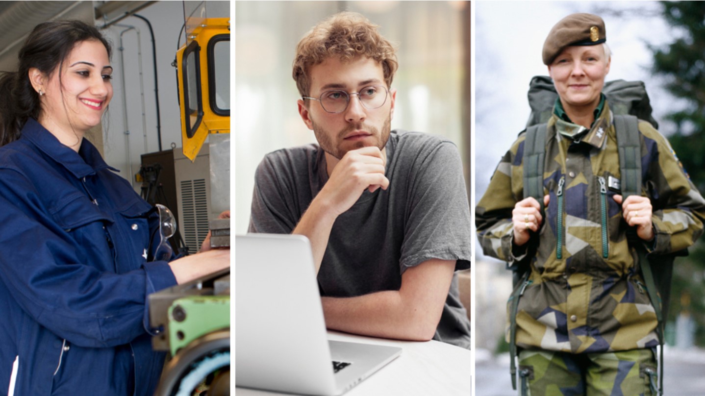 Tre personer som skulle kunna jobba som cnc-operatörer, cybersäkerhetstekniker och soldater.