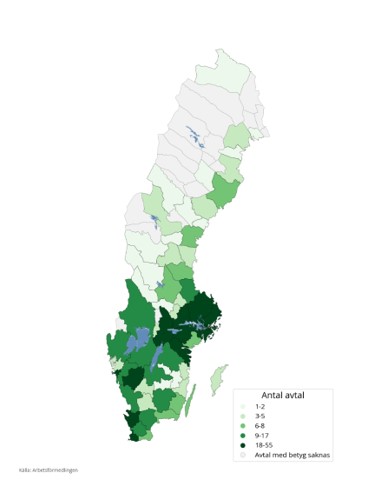 Karta över Sverige. Se excel-filen Betyg Rusta och matcha, maj, under relaterad information med samtliga leverantörers betyg.