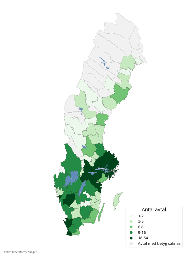 Karta över Sverige. Se excel-filen Betyg Rusta och matcha, juli, under relaterad information med samtliga leverantörers betyg.