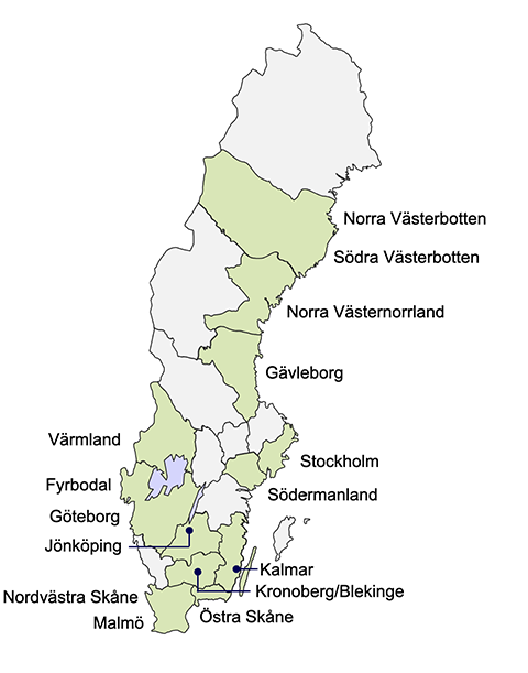 Karta som visar områden i Sverige där Samstart har verksamhet. För lista över områden samt kontaktpersoner, se rubriken Kontaktuppgifter delprojektledare.