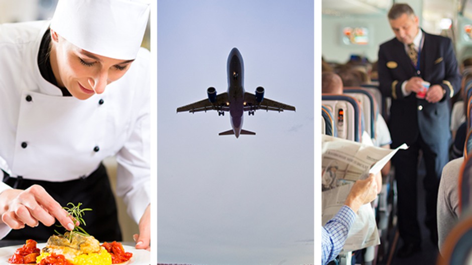 Kollage: kvinna i kockmössa lagar mat, flygplan samt steward som går i en gång på ett flygplan.