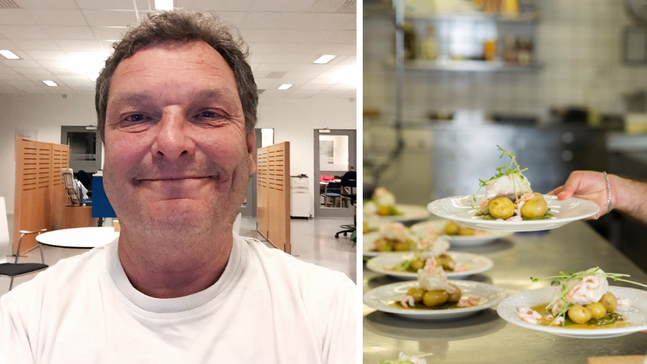 Till vänster: Porträtt på Tomas Sjölin. Till höger: Uppläggning av mat i restaurangmiljö