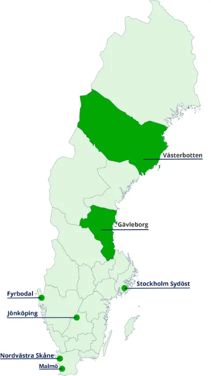 Sverigekarta. Västerbotten, Gävleborg, Stockholm sydöst, Fyrbodal, Jönköping, Nordvästra Skåne och Malmö är markerade med text.